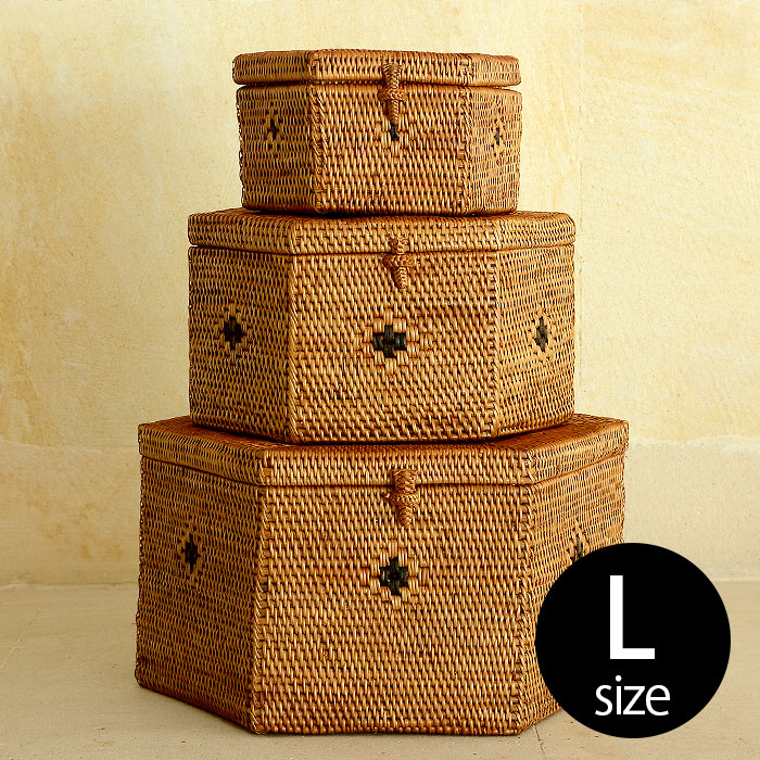 アタで編まれた六角形のフタ付き小物入れケース[L]