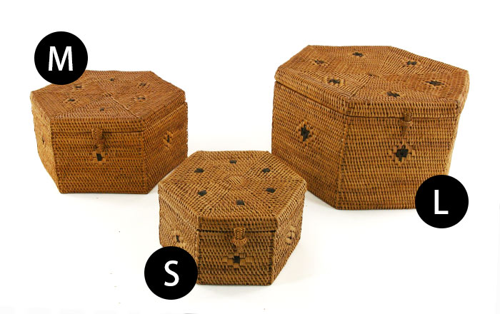 アタで編まれた六角形のフタ付き小物入れケース[L]