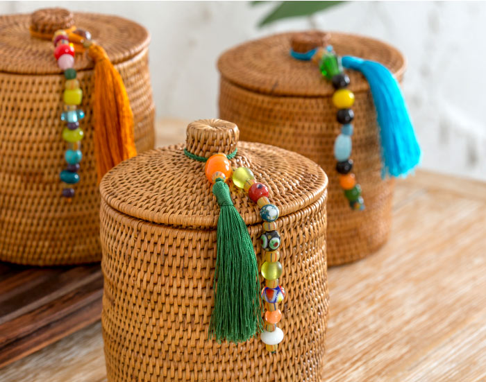 収納 バスケット 小物入れ アジアン アタ タッセル
