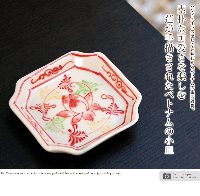 素朴な可愛さを楽しむ蓮が手描きされたベトナムの小皿