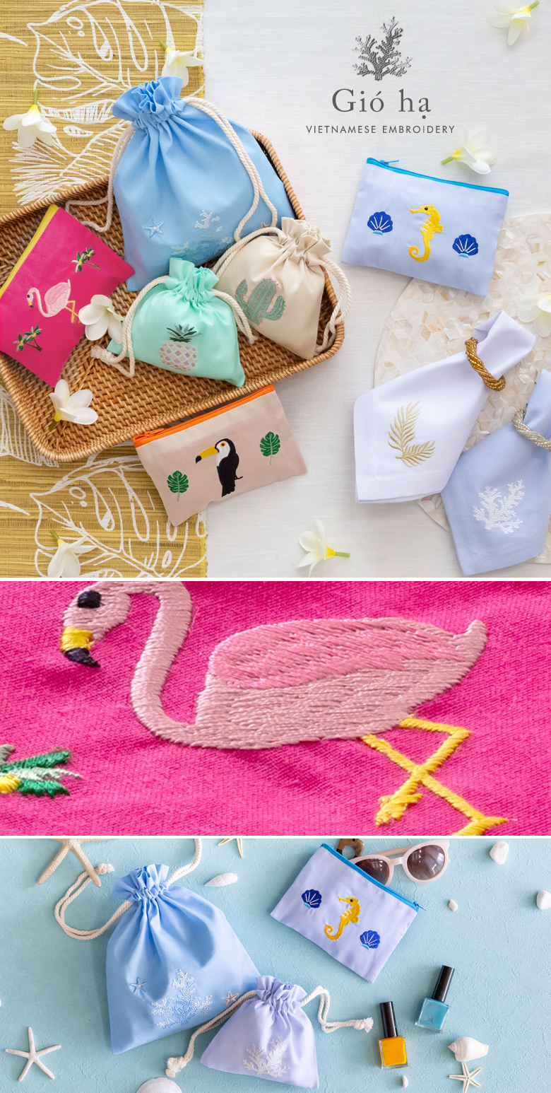 ベトナム刺繍。おしゃれ。ポーチ。巾着。ナフキン。ジョーハ。Gio ha。