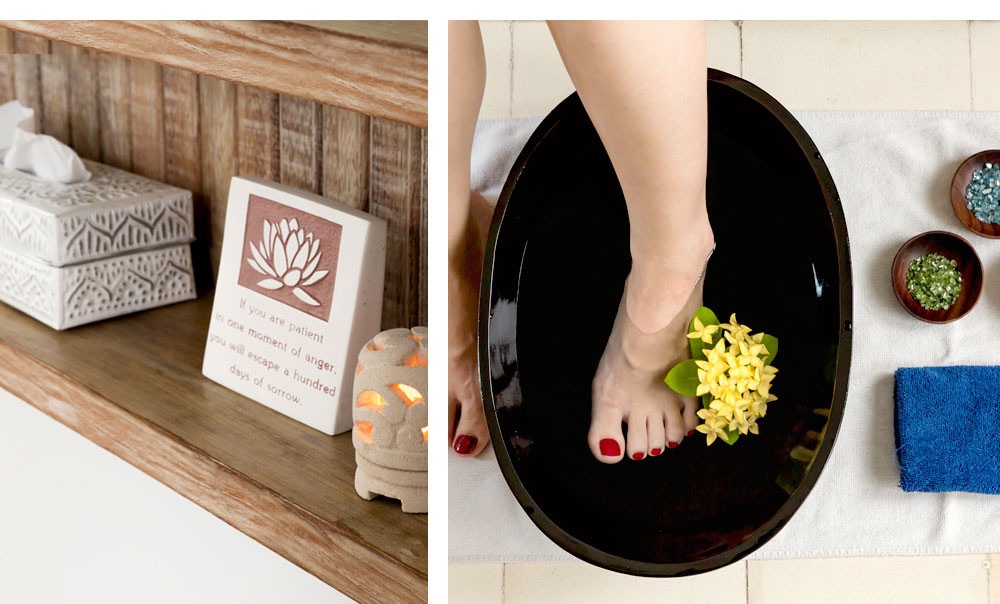 ガラス製のスパボトルやオブジェだけでなく、小物使いにこだわりました。