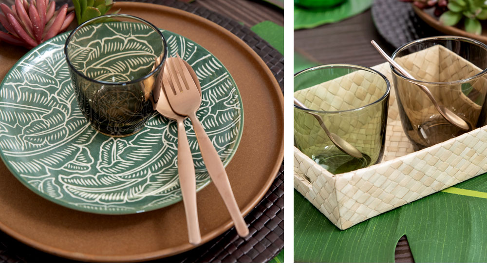 節感を出しながらも、アジアンリゾートスタイルを楽しむテーブルコーディネート。