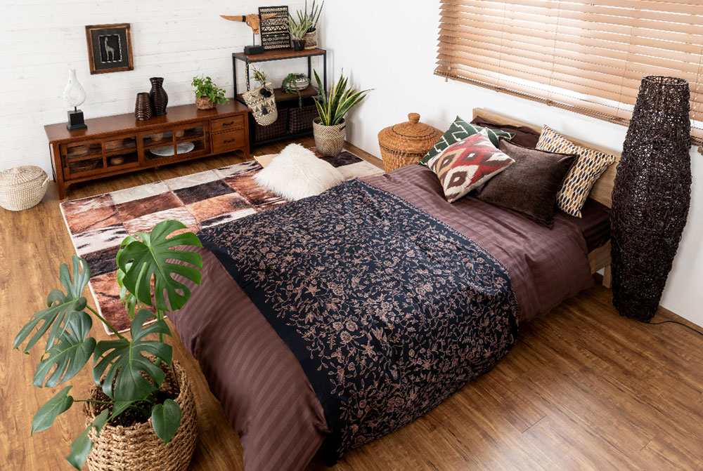おすすめコーディネート実例。アフリカンパンクなベッドルーム。