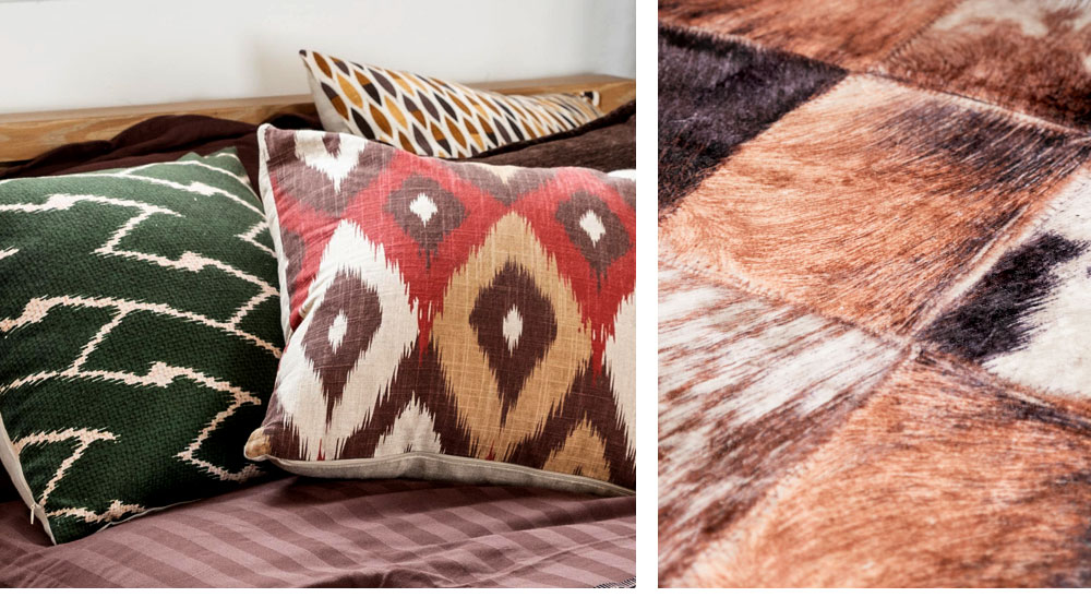 アニマル柄のラグ、アジアン柄クッションなど、柄に柄をあわせた 賑やかなテキスタイル。