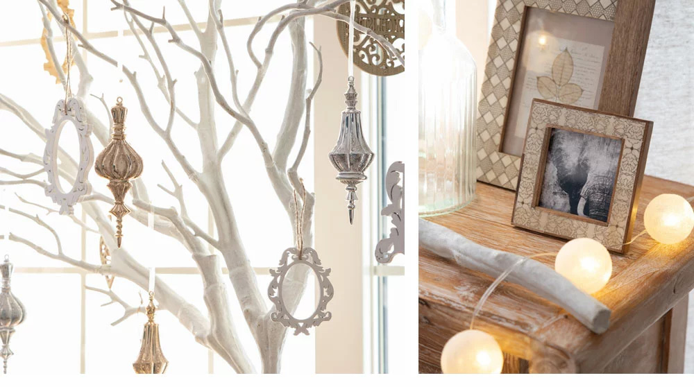 白をベースカラーとして、ゴールドやシルバーのオーナメントを取り入れたコーデ。