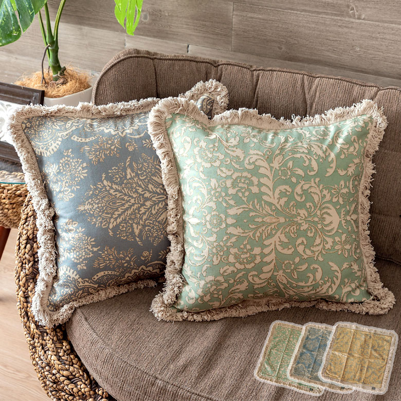 アンティークプリントクッションカバー（ブルー/グリーン/グレー）