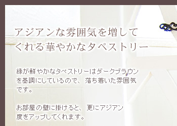 アジアンな雰囲気を増してくれる華やかなタペストリー。