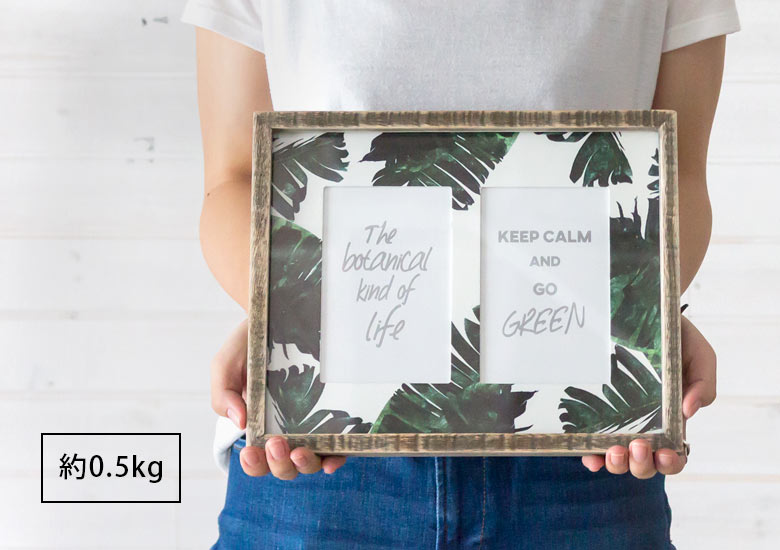 フォトフレーム 壁掛け 写真立て おしゃれ ソテツ リーフ モチーフ 写真 2枚 はがきサイズ ナチュラル 写真立て 木枠 植物 西海岸 ビーチ 男前 インテリア