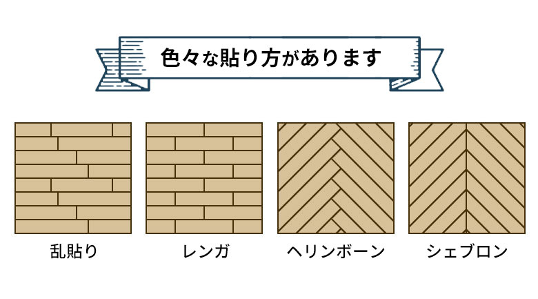 色々な貼り方があります。乱貼り、レンガ、ヘリンボーン、シェブロン。