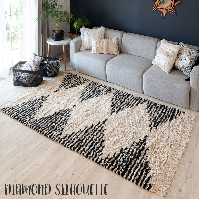 インドコットン100%のダイヤモンドシルエット柄ラグ
