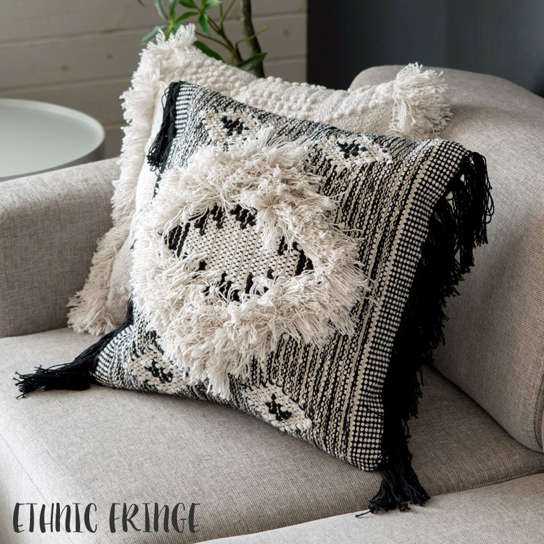 インドコットン100%のエスニックフリンジ柄クッションカバー