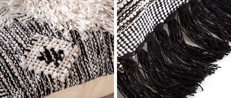 立体的な織りと大胆なフリンジがポイント