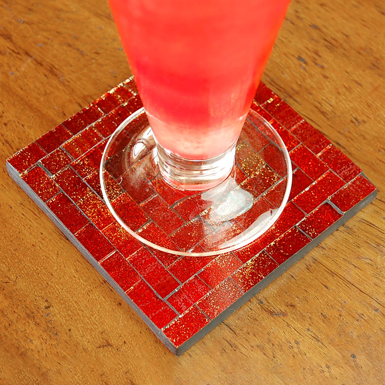 ラメの入ったモザイクガラスタイルのスクエアコースター[オレンジ]