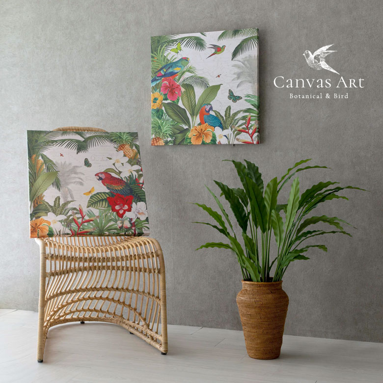 南国リゾート。鳥。蝶。植物。花。壁掛けキャンバスアート。