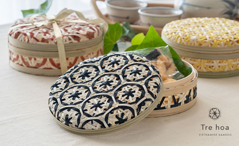 竹。ハンドメイド。蓋付きボックス。ラウンド。