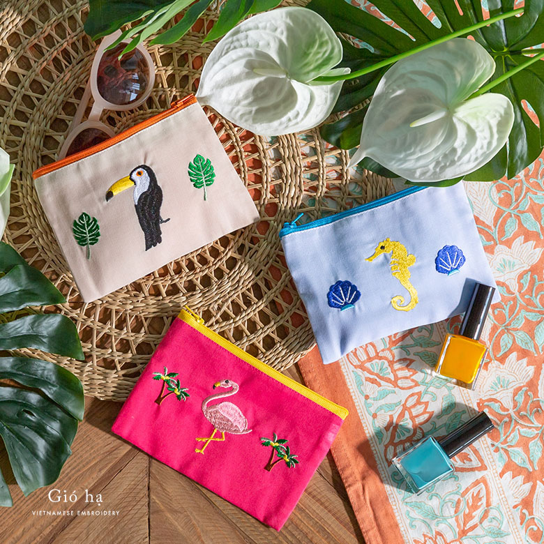 ベトナム刺繍のオリジナルバイカラーポーチ
