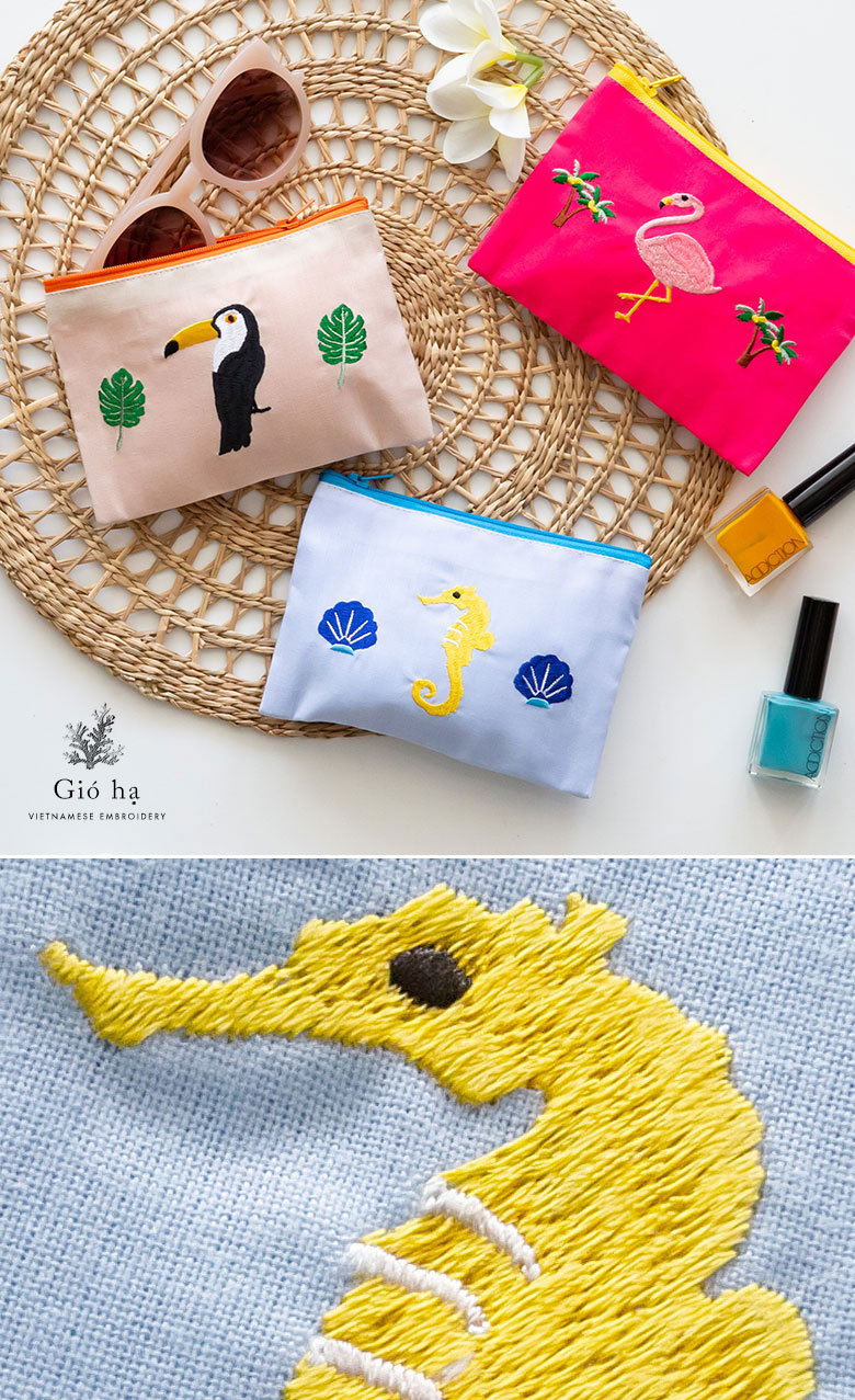 ベトナム刺繍 オリジナルポーチ ブルー。ベージュ。ピンク。