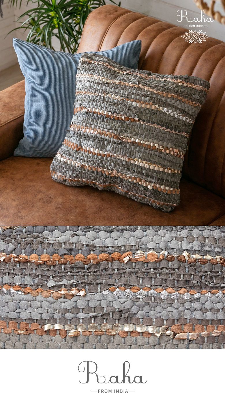 クッションカバー。レザー＆コットン製。グレー。ミックスカラー。ランダムカラー。