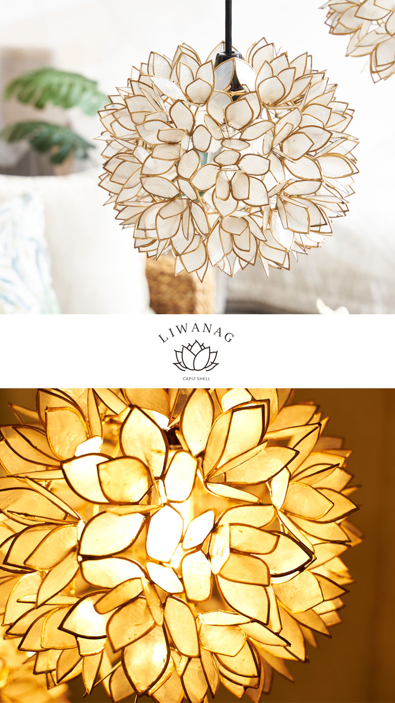 カピス貝と真鍮のペンダントライト。照明。LIWANAG。リワナ。ホワイト。白色。