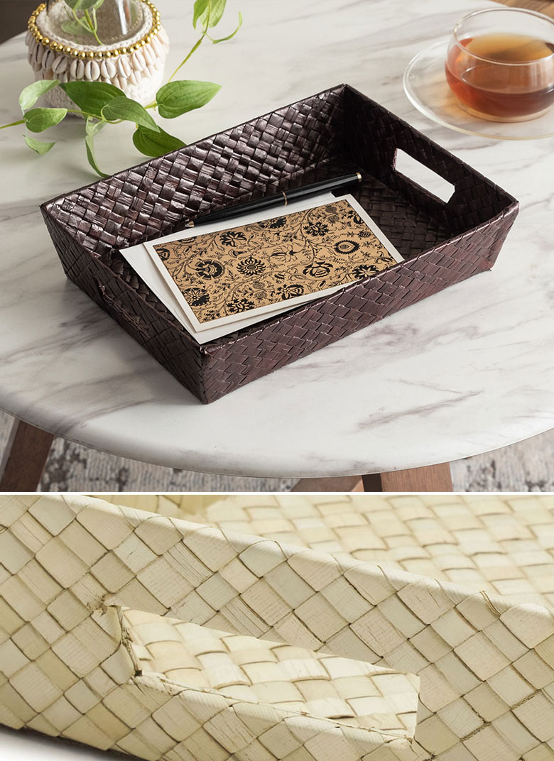 パンダン製。持ち手付バスケットトレイ。ハンドメイド。