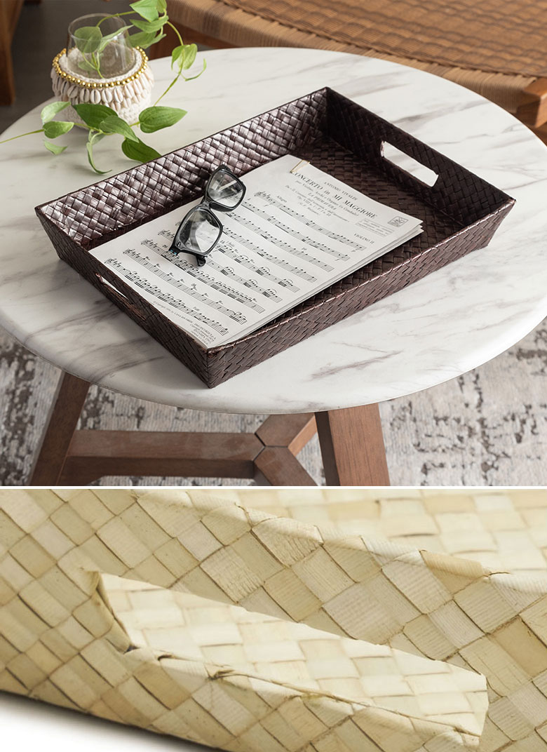 パンダン製。持ち手付バスケットトレイ。ハンドメイド。