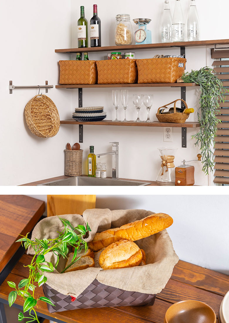 キッチンでパンやおやつ、調味料などの食材入れや、ストック品の収納にも