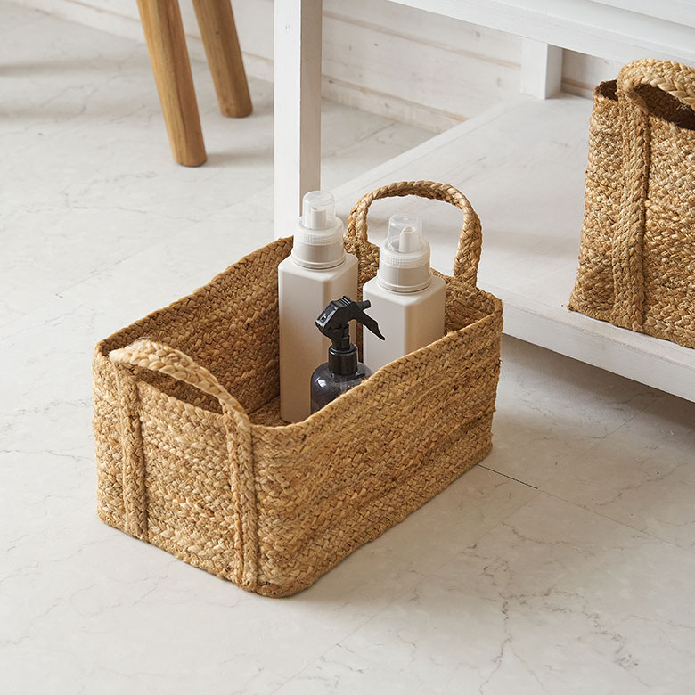 ジュートのバスケット。麻のバスケット。スクエア。長方形。ハンドル付き。持ち手付き。