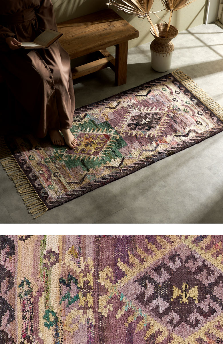 リサイクルコットンで作った1点ものパンジャ織りラグ。カーペット。ラグマット。