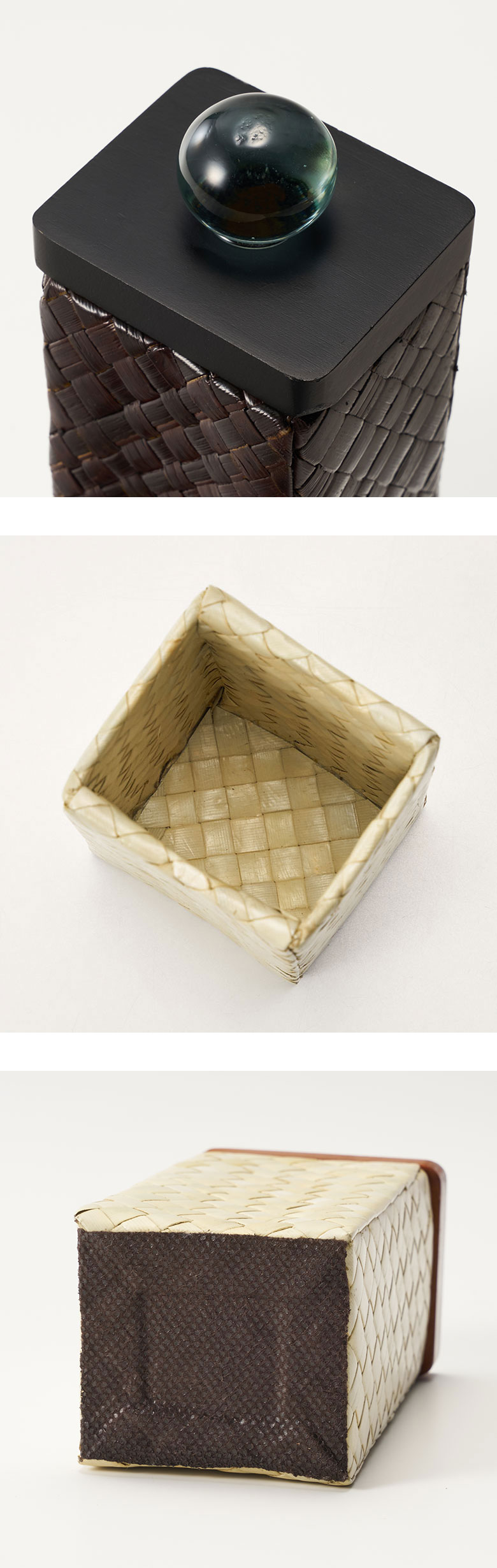 ウッド素材の蓋に、ガラス製の丸い取っ手がアクセント