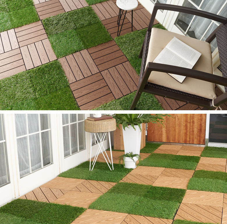 ウッドデッキタイルとジョイントできる芝タイル