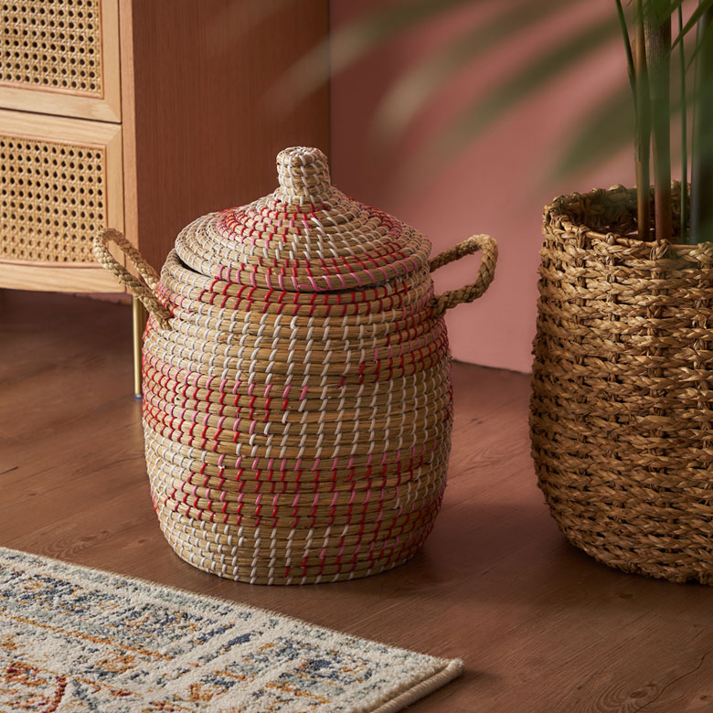 シーグラス製バスケット。収納バスケット。かご。蓋つき。フタ付き。大きいバスケット。