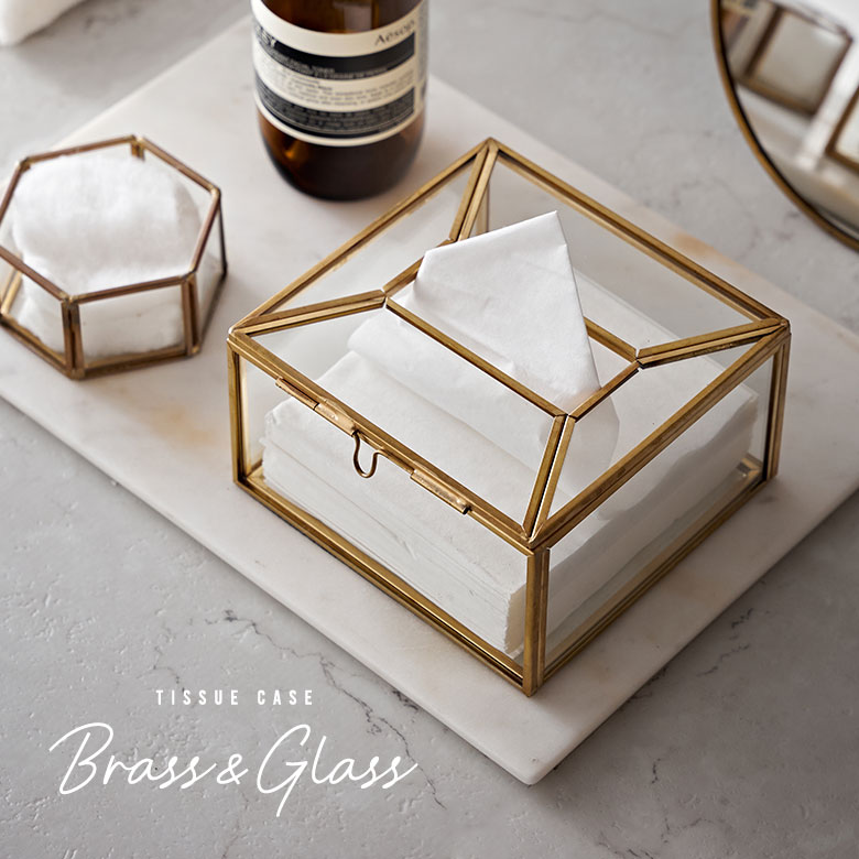 ガラスと真鍮の小物入れ付きティッシュケースのハーフサイズ