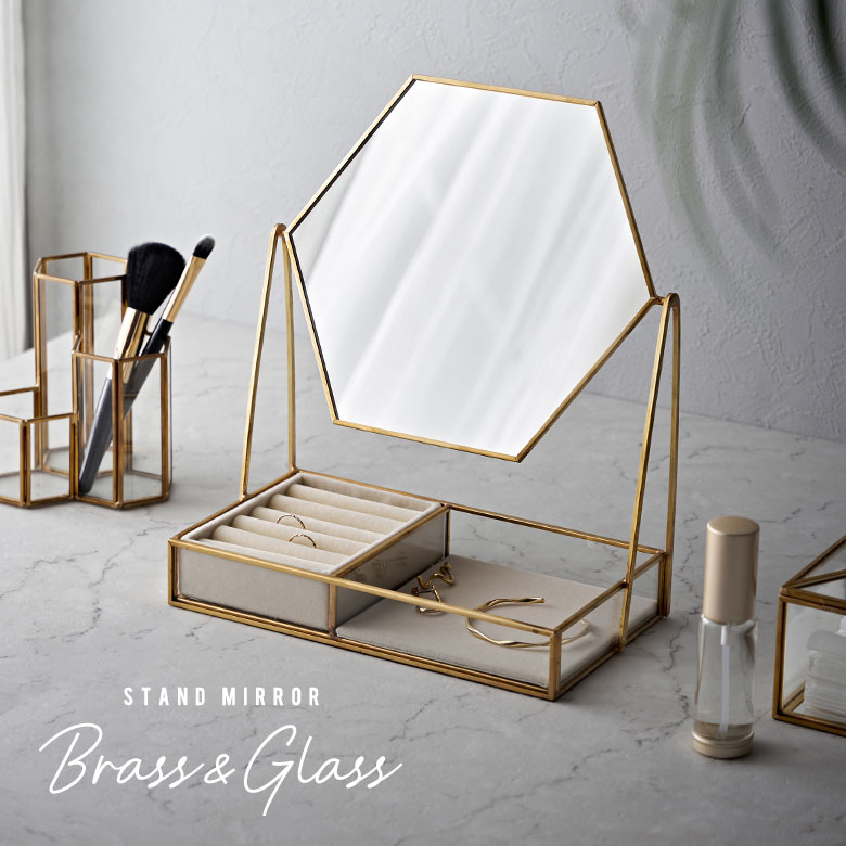 ガラスと真鍮のスタンドミラー