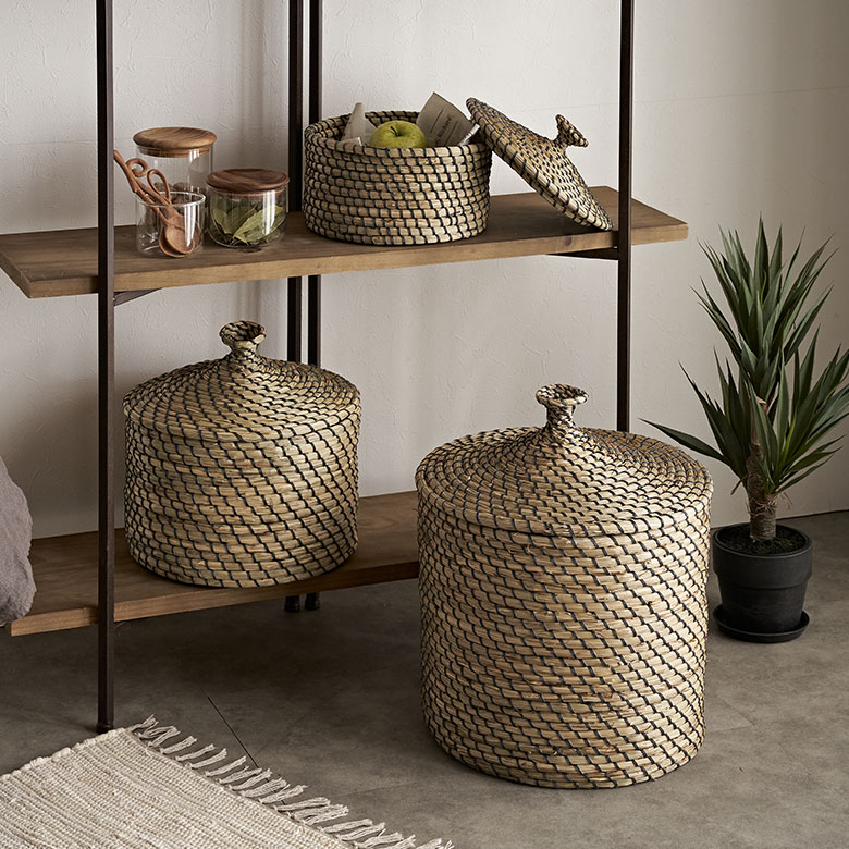 フタ付き シーグラス製バスケット［S・M・Lの3個セット］