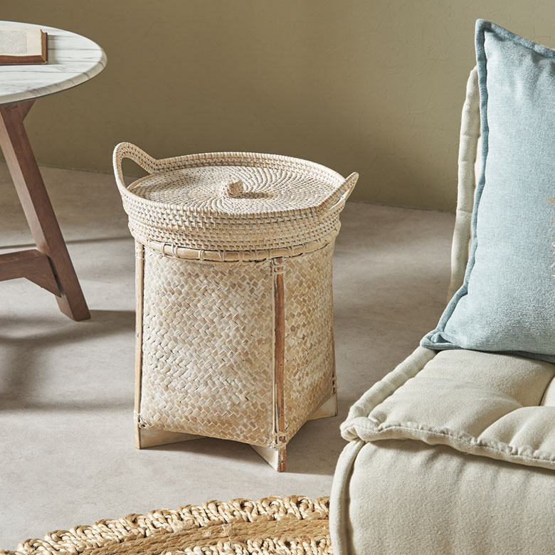 バンブー×ラタンの蓋つきバスケット