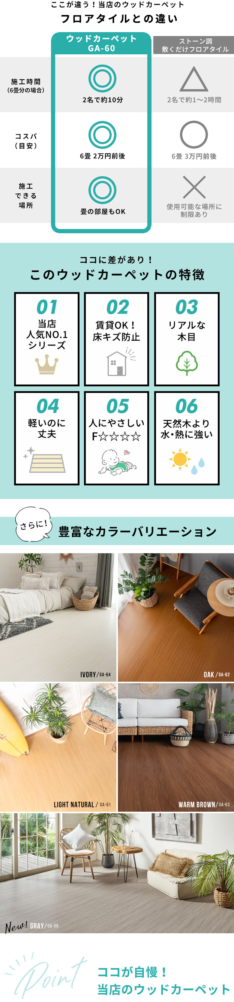 おすすめポイント。賃貸OK。リアル木目。軽いのに丈夫。人にやさしい。豊富なカラーバリエーション。アイボリー。ライトナチュラル。オーク。ウォームブラウン。グレー。