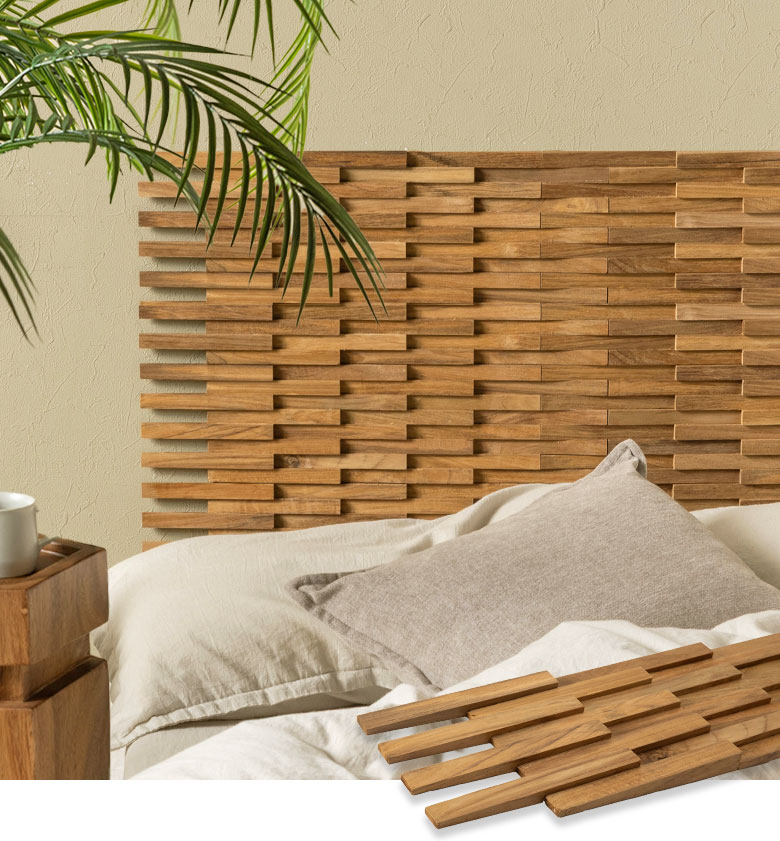 深みのある色合いと美しい木目が魅力の世界三大銘木「チーク材」を贅沢に使用したパズル式ウォールパネル。