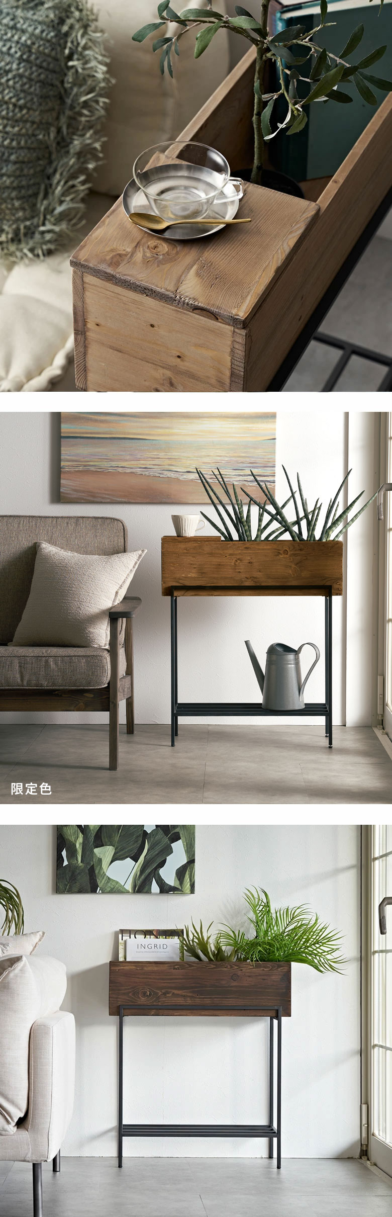 雑誌なども一緒に置ける、シェルフとしても活躍。サスティナブルなプランターシェルフ