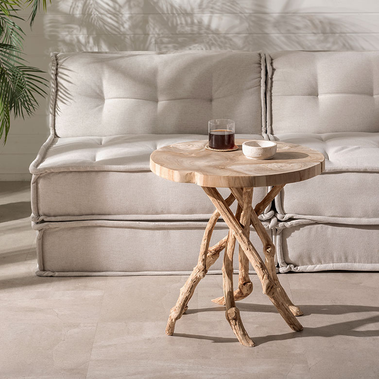 天然無垢チークウッドの無塗装サイドテーブル