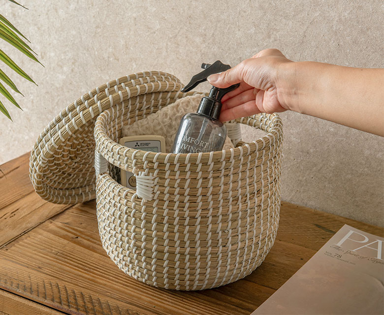 シーグラス バスケット Sサイズ 収納 フタ付き 天然水草 ハンドメイド