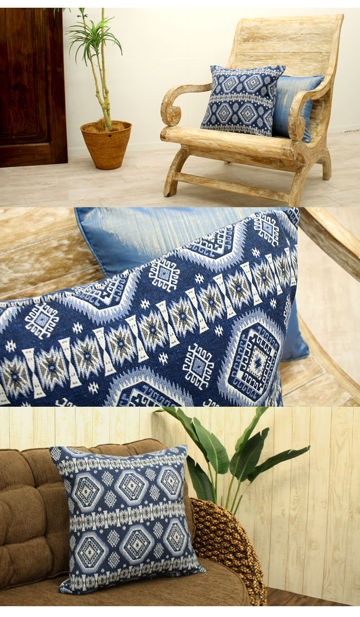 クッションカバー エスニック柄ブルー