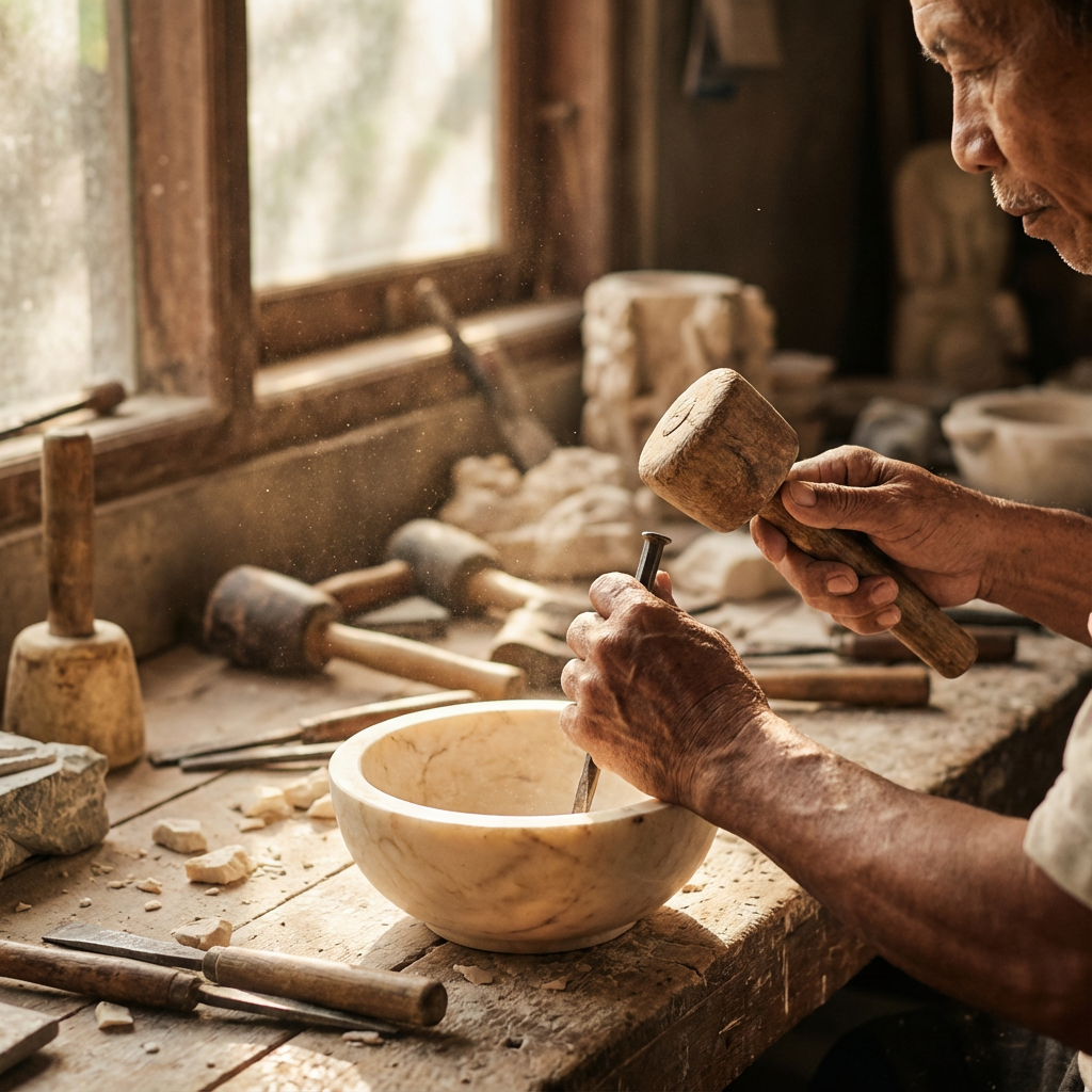 インドネシア・トゥルンアグンの石材工房で職人が伝統的なろくろでジャワ・クリームを彫刻する様子