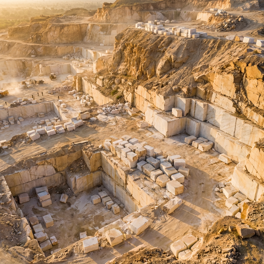 インド・ラジャスタン州の大理石採掘現場の空撮写真。数百万年の地殻変動の痕跡が見える壮大な景色