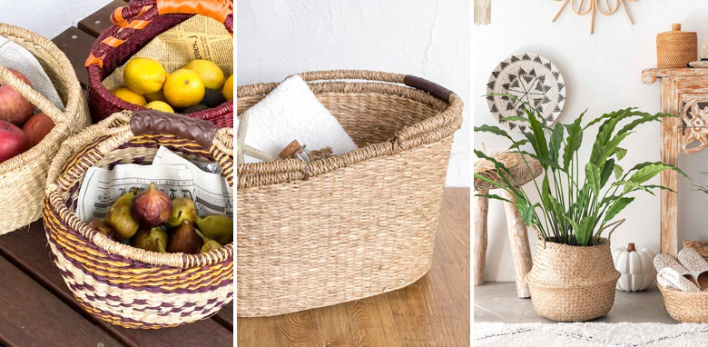 バリエーション豊富なシーグラス製かごバスケット。