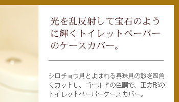 ゴールドの色調で、正方形のトイレットペーパーケースカバー。