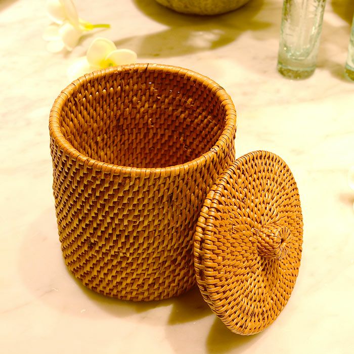 フタにつまみの付いたアタ製筒型 アジアン スタンドケース 小物入れ