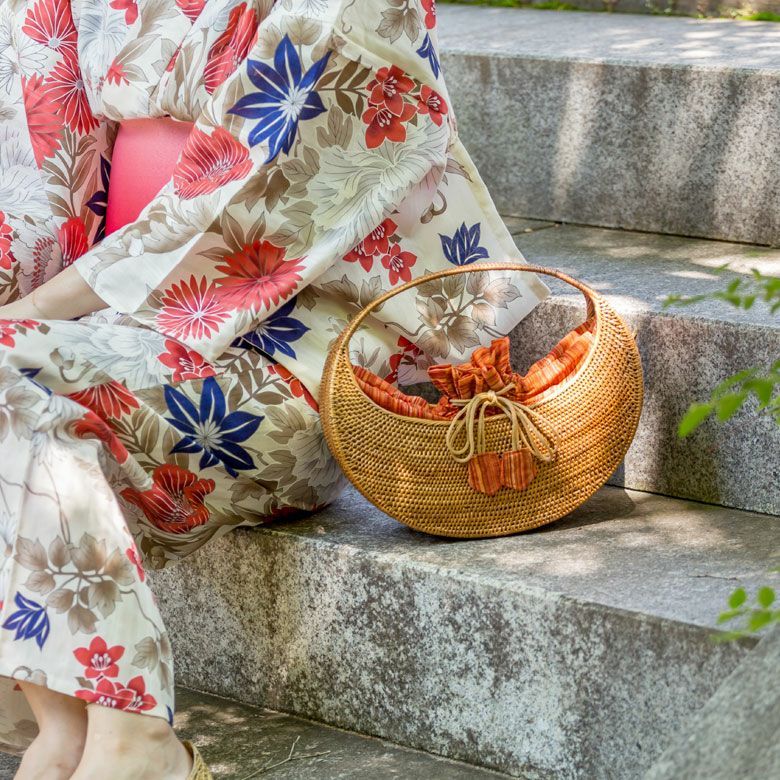 バリ島の職人が編んだアタのかごバッグ Gタイプ オレンジ 約W30×D11