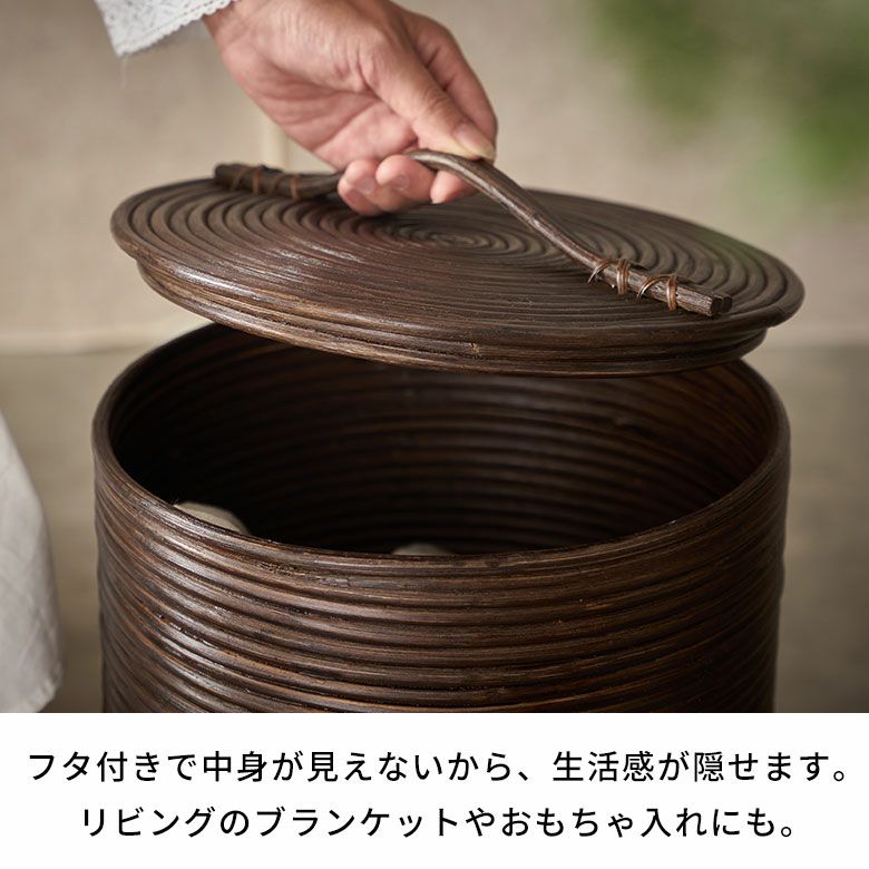 ごみ箱 ラタン 籐 ダストボックス フタ 付 見えない 丸型 約 W 27cm D
