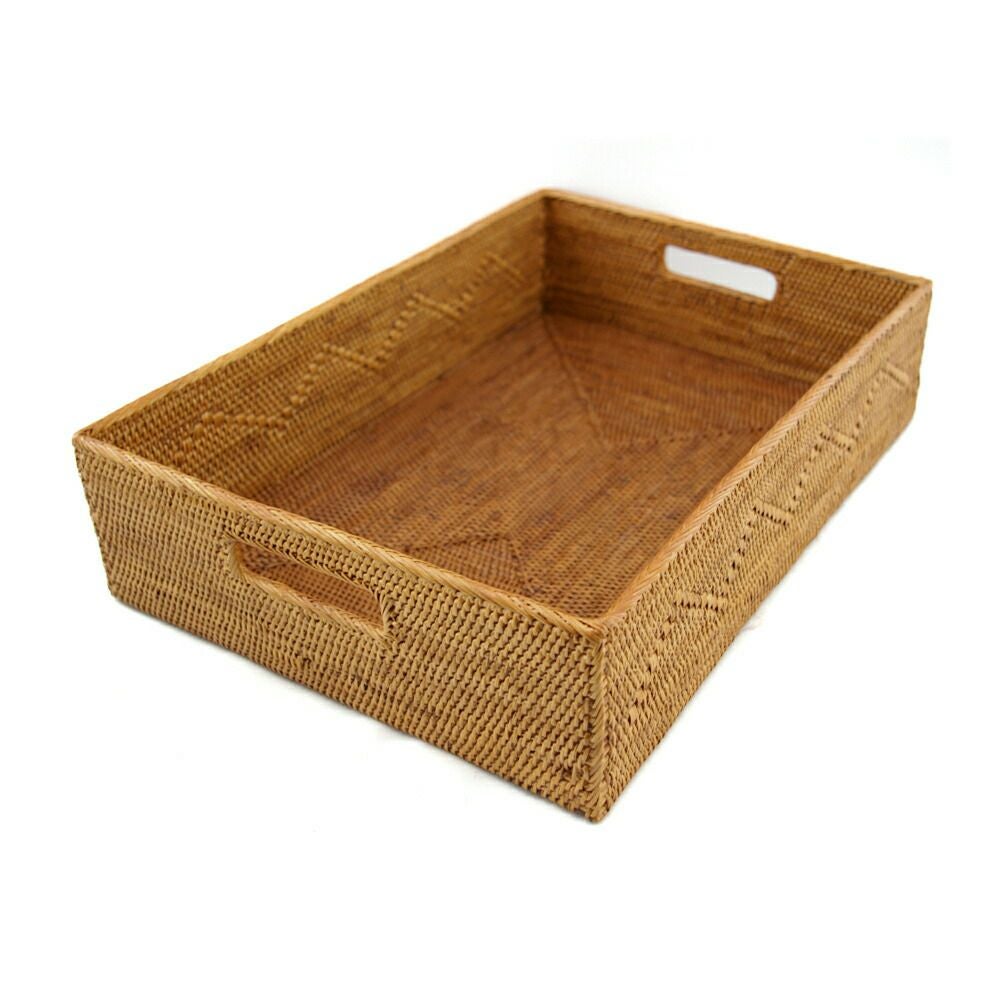アタで編まれた少し大きな四角いトレイ型取っ手付きバスケット お盆